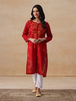 House of Chikankari - Cotton Chikankari Women's Long Kurta - Red