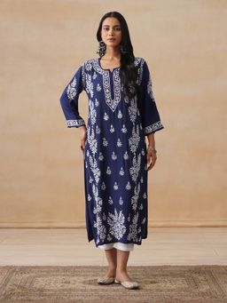 House of Chikankari - Modal Chikankari Women's Long Kurta - Navy