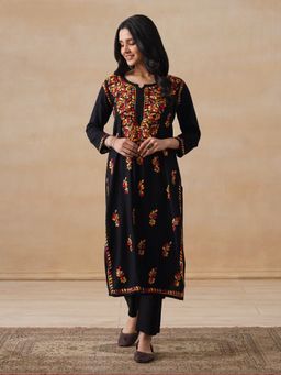 House of Chikankari - Rayon Chikankari Women's Long Kurta - Black