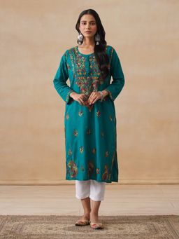 House of Chikankari - Cotton Chikankari Women's Long Kurta - Teal