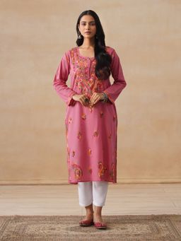 House of Chikankari - Cotton Chikankari Women's Long Kurta - Dust Pink