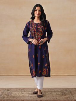 House of Chikankari - Cotton Chikankari Women's Long Kurta - Navy