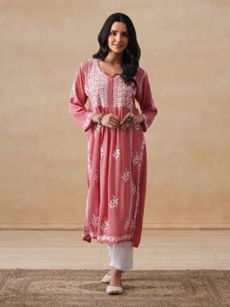 House of Chikankari - Modal Chikankari Women's Long Kurta - Dust Pink