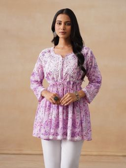 House of Chikankari - Mulmul Chikankari Printed Women's Short Kurta - Purple