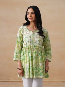 House of Chikankari - Mulmul Chikankari Printed Women's Short Kurta - Green