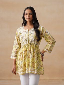 House of Chikankari - Mulmul Chikankari Printed Women's Short Kurta - Yellow