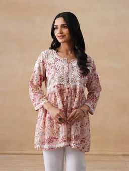 House of Chikankari - Mulmul Chikankari Printed Women's Short Kurta - Beige