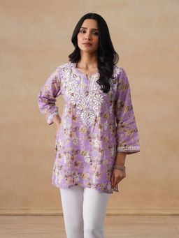 House of Chikankari - Mulmul Chikankari Printed Women's Short Kurta - Lavender