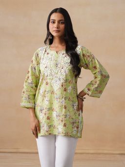 House of Chikankari - Mulmul Chikankari Printed Women's Short Kurta - Light Green