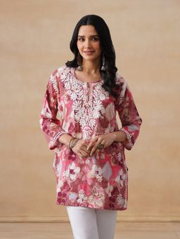 House of Chikankari - Mulmul Chikankari Printed Women's Short Kurta - Pink