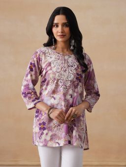 House of Chikankari - Mulmul Chikankari Printed Women's Short Kurta - Purple