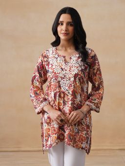 House of Chikankari - Rayon Chikankari Printed Women's Short Kurta - Rust