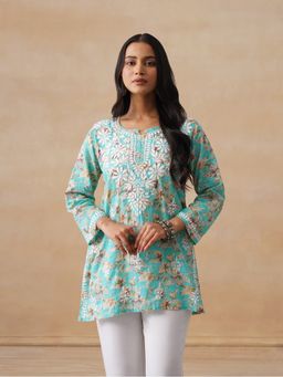 House of Chikankari - Mulmul Chikankari Printed Women's Short Kurta - Turquoise