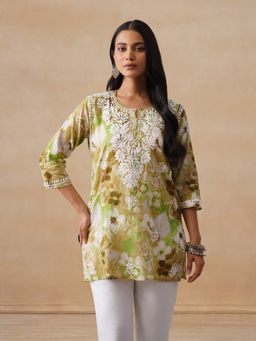 House of Chikankari - Mulmul Chikankari Printed Women's Short Kurta - Multicolour