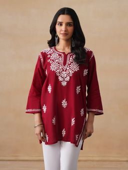 House of Chikankari - Cotton Chikankari Women's Short Kurta - Maroon