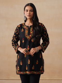 House of Chikankari - Cotton Chikankari Women's Short Kurta - Black