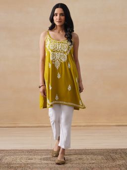 House of Chikankari - Rayon Chikankari Women's Short Kurta - Mustard