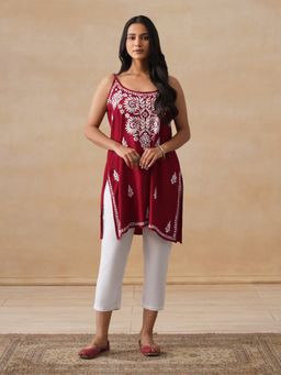House of Chikankari - Rayon Chikankari Women's Short Kurta - Maroon