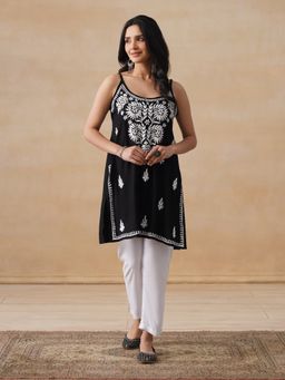 House of Chikankari - Rayon Chikankari Women's Short Kurta - Black