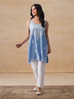 House of Chikankari - Rayon Chikankari Women's Short Kurta - Blue