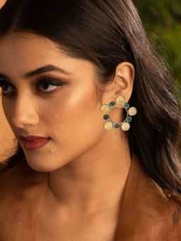 Suhani Pittie - Gold coin hoop Drop earrings with green crystals