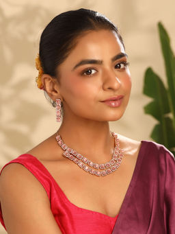 Yellow Chimes - White Stone AD Diamond Rose Gold Necklace with Earrings Jewellery Set