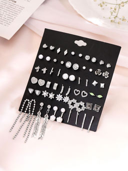 Yellow Chimes - Silver Stud Earrings for Girls Combo of 30 Pairs
