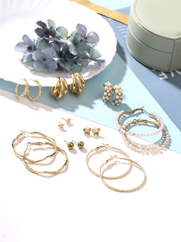 Yellow Chimes - Combo of 9 Pairs Stud Hoop Earrings Set