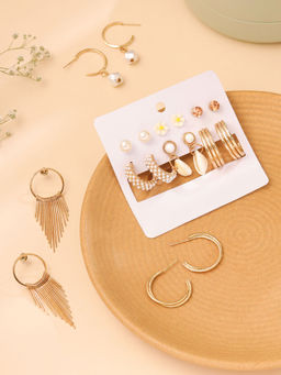 Yellow Chimes - Combo of 9 Pairs Stud Hoop Earrings Set