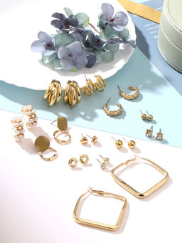 Yellow Chimes - Combo of 12 Pairs Stud Hoop Earrings Set