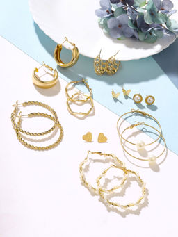 Yellow Chimes - Combo of 9 Pairs Stud Hoop Earrings Set
