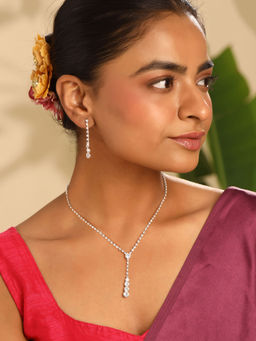 Yellow Chimes - Rhodium Plated White Crystal Necklace with Earrings Jewellery Set