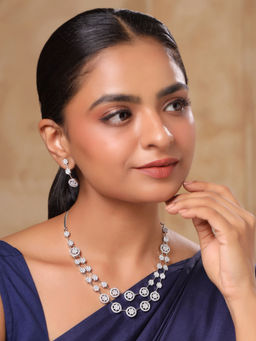 Yellow Chimes - White Stone Silver AD Necklace with Earrings Jewellery Set