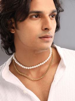 Yellow Chimes - White and Gold Pearl Chain Necklace for Men