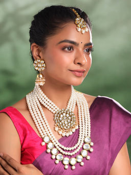 Yellow Chimes - Golden Wedding Beads Necklace with Earrings Jewellery Set for Women