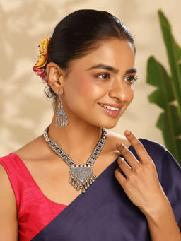 Yellow Chimes - Silver Oxidised Plated thnic Traditional Long Jewellery Set