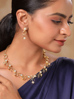 Yellow Chimes - White Stone Silver AD Necklace with Earrings Jewellery Set