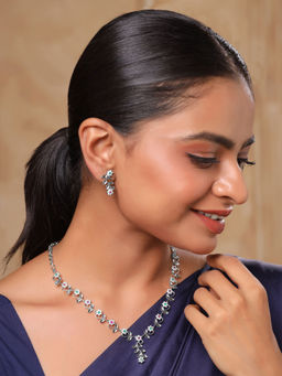 Yellow Chimes - White Stone Silver AD Necklace with Earrings Jewellery Set