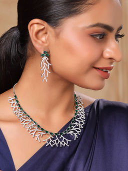 Yellow Chimes - Green Stone Silver AD Necklace with Earrings Jewellery Set