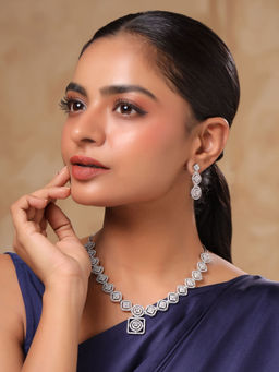 Yellow Chimes - White Stone Silver AD Necklace with Earrings Jewellery Set