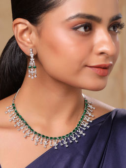 Yellow Chimes - Green Stone Silver AD Necklace with Earrings Jewellery Set