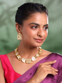 Yellow Chimes - Golden Kundan Stone Necklace with Earrings Jewellery Set