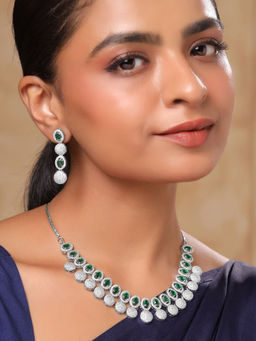 Yellow Chimes - Green Stone Silver AD Necklace with Earrings Jewellery Set