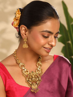 Yellow Chimes - Ethnic Gold Plated Long Necklace with Earrings Jewellery Set