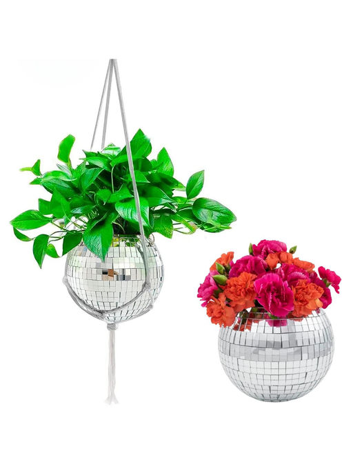 Ecofynd 6 Hanging Disco Ball Glass Planter with Macrame Plant Hanger White