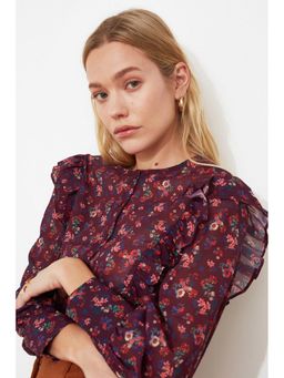 Trendyol - Plum Floral Frill Shoulder Sheer Blouse