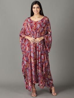 SHOWOFF - Womens Printed Round Neck Maroon Maxi Dress
