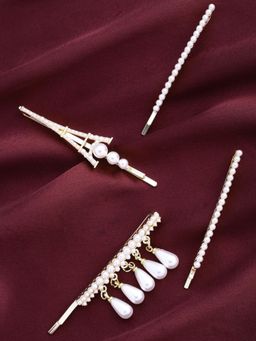 Yellow Chimes - Women White And Gold-Toned Embellished Bobby Pins (Set of 4)