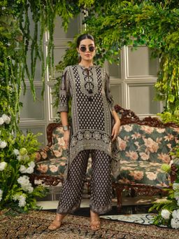 Gahan - Floral Print Black Mandarin Collar Co-Ord Set