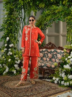 Gahan - Collar Neck Orange Chinnon Handwork Embroidered Co-Ord Set